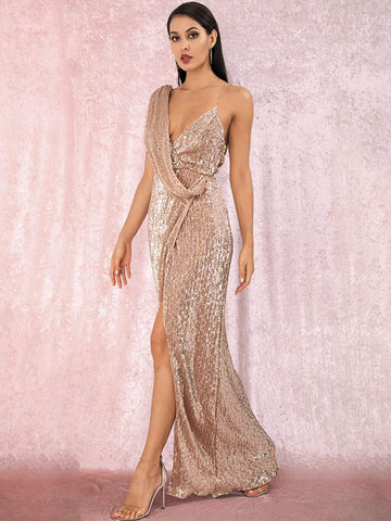 LOVE&LEMONADE Twist Split Thigh Backless Draped Maxi Sequins Dress