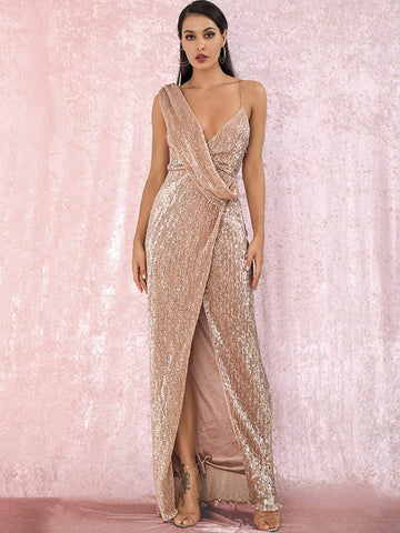 LOVE&LEMONADE Twist Split Thigh Backless Draped Maxi Sequins Dress