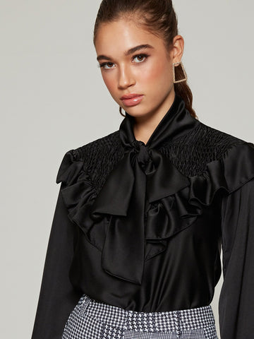 Ruffle Shirred Pussybow Blouse