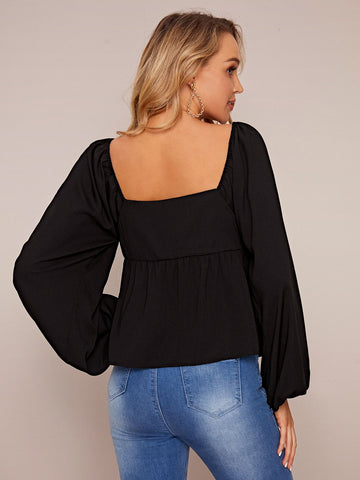 Knot Front Puff Sleeve Peplum Blouse