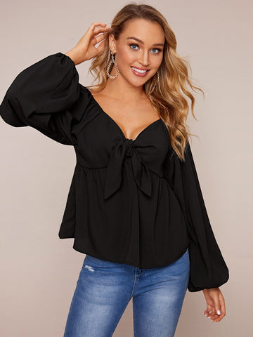 Knot Front Puff Sleeve Peplum Blouse