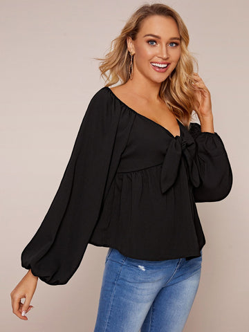 Knot Front Puff Sleeve Peplum Blouse
