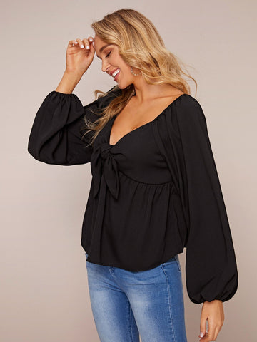 Knot Front Puff Sleeve Peplum Blouse