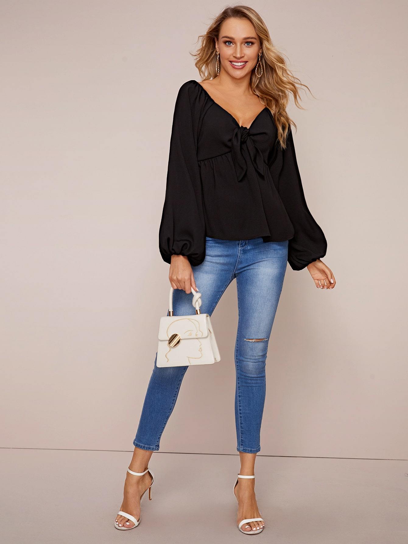 Knot Front Puff Sleeve Peplum Blouse