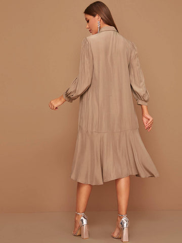 Button Front Ruffle Hem Shirt Dress