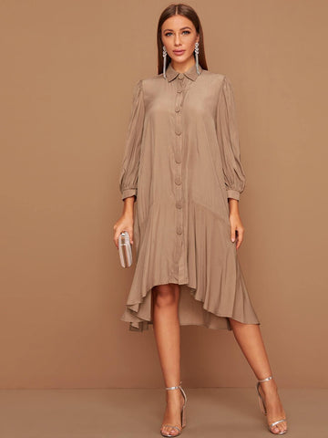 Button Front Ruffle Hem Shirt Dress