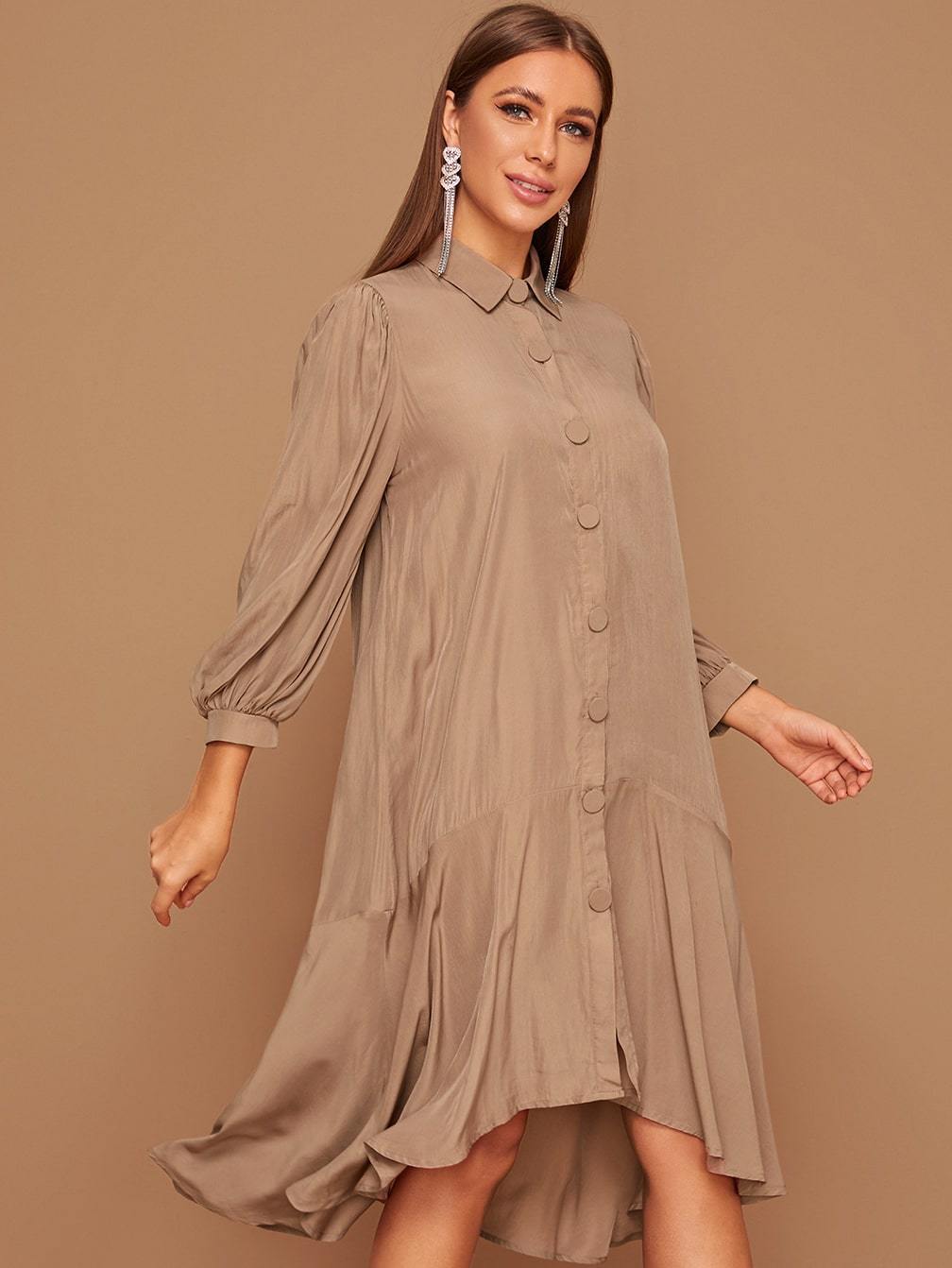 Button Front Ruffle Hem Shirt Dress