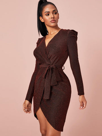 Gigot Sleeve Wrap Belted Glitter Dress