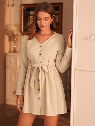 Button Up Belted Knot A-line Dress