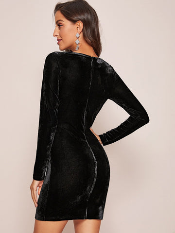 Plunge Neck Ruffle Trim Velvet Bodycon Dress