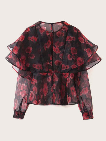 Floral Graphic Keyhole Back Layered Blouse