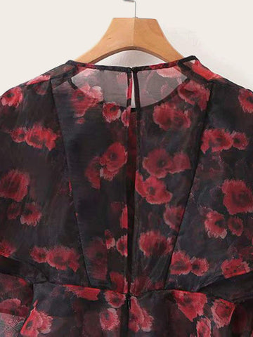 Floral Graphic Keyhole Back Layered Blouse