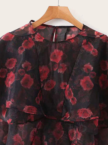 Floral Graphic Keyhole Back Layered Blouse