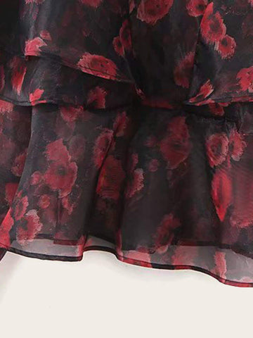 Floral Graphic Keyhole Back Layered Blouse