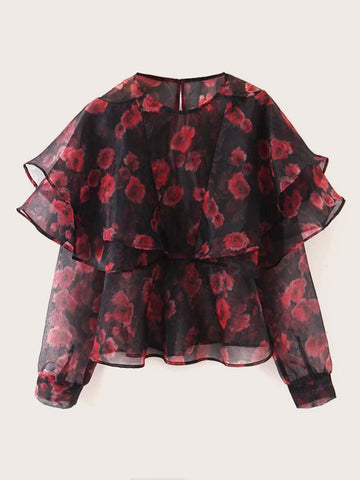Floral Graphic Keyhole Back Layered Blouse