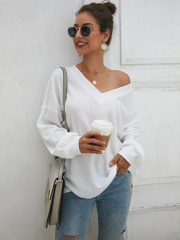 Solid V-Neck Drop Shoulder Jumper