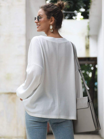 Solid V-Neck Drop Shoulder Jumper