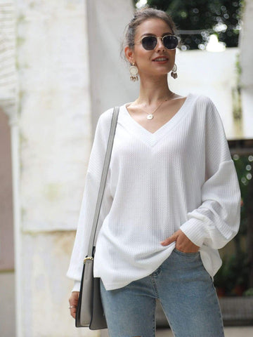 Solid V-Neck Drop Shoulder Jumper