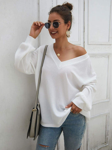 Solid V-Neck Drop Shoulder Jumper
