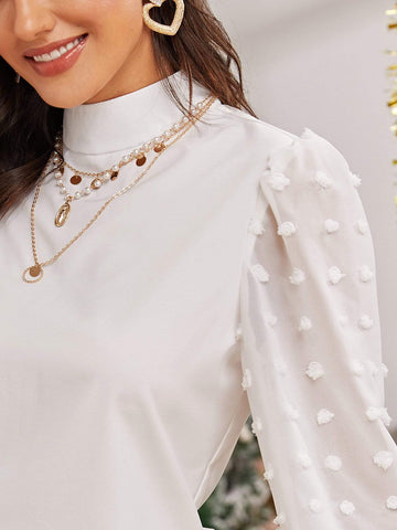 Contrast Mesh Sleeve Swiss Dot Turtleneck Blouse