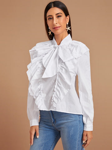 Ruffle Trim Tie Neck Blouse