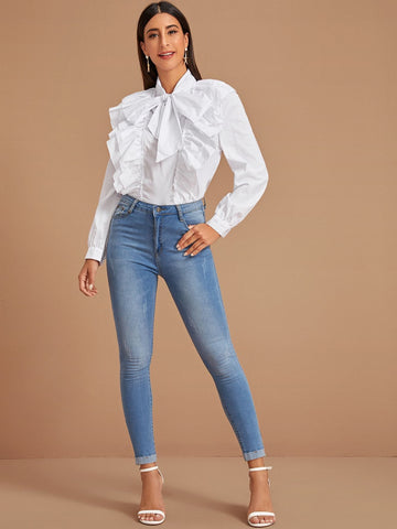 Ruffle Trim Tie Neck Blouse