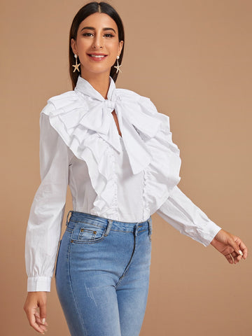Ruffle Trim Tie Neck Blouse