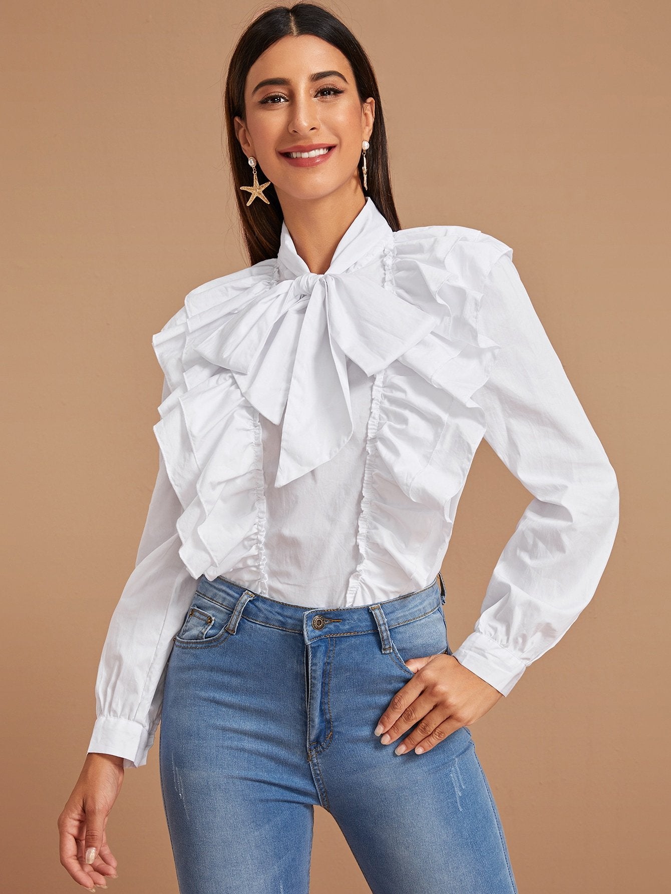 Ruffle Trim Tie Neck Blouse