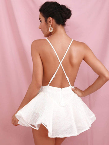 LOVE&LEMONADE Deep V Neck Backless Skater Sequin Dress