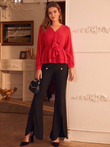V-neck Ruffle Trim Blouse