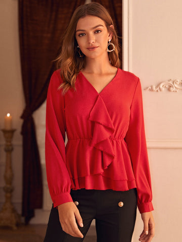 V-neck Ruffle Trim Blouse