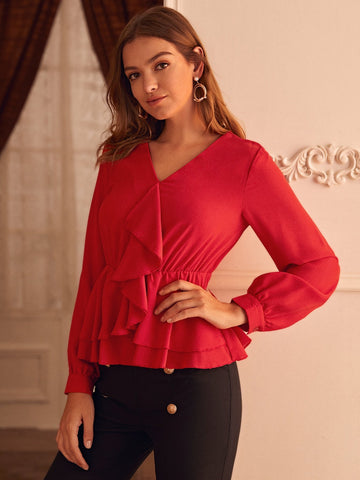V-neck Ruffle Trim Blouse