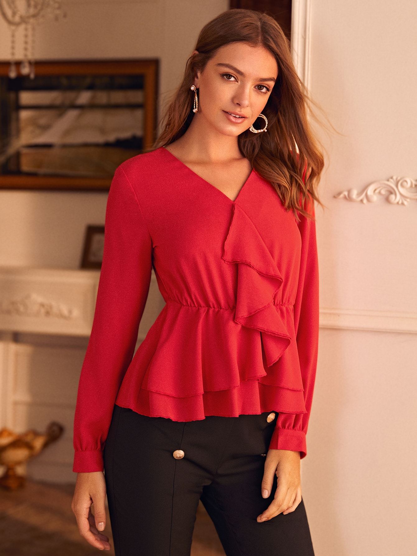 V-neck Ruffle Trim Blouse