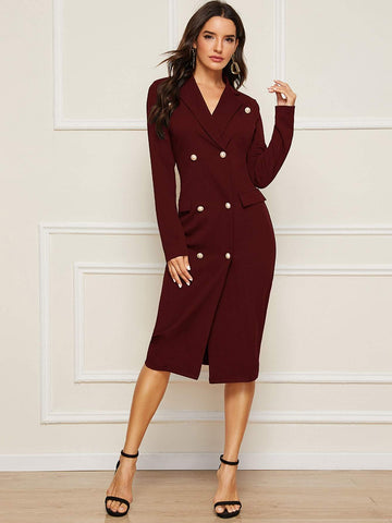 Solid Double Button Slim Blazer Dress