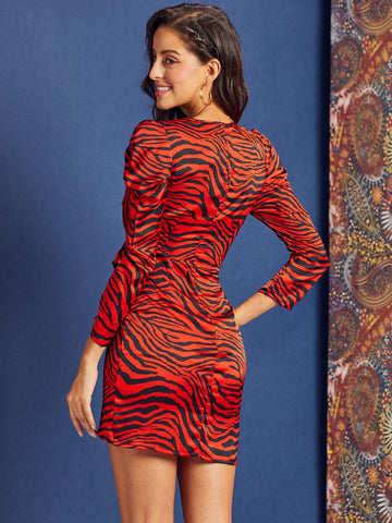 SBetro Neon Orange Zebra Stripe Buckle Belted Wrap Satin Dress