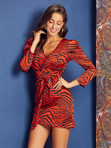 SBetro Neon Orange Zebra Stripe Buckle Belted Wrap Satin Dress