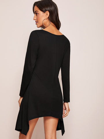 Solid Asymmetrical Hem Round Neck Dress