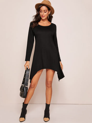 Solid Asymmetrical Hem Round Neck Dress