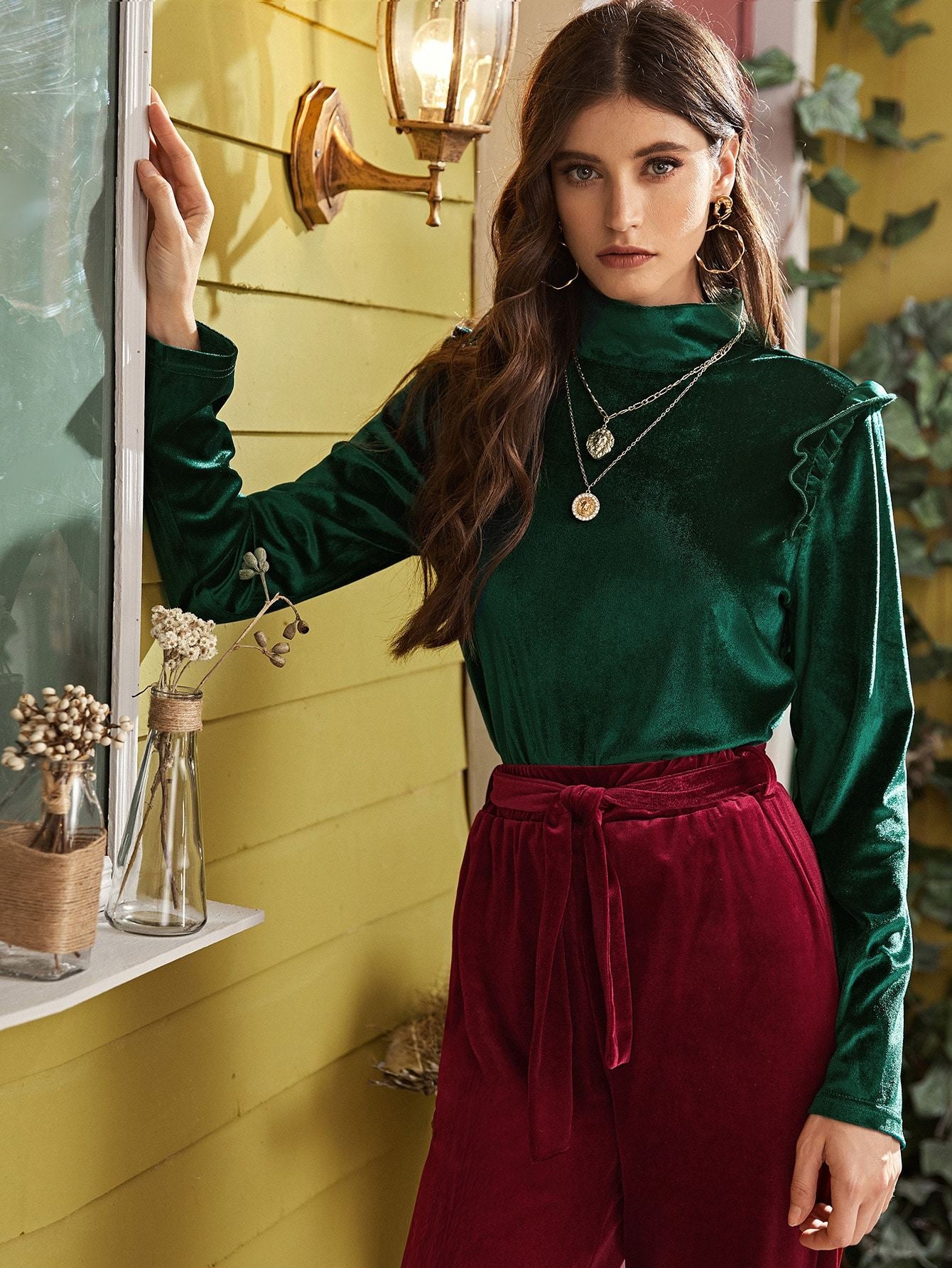 Solid Ruffle Trim Mock Neck Velvet Tee