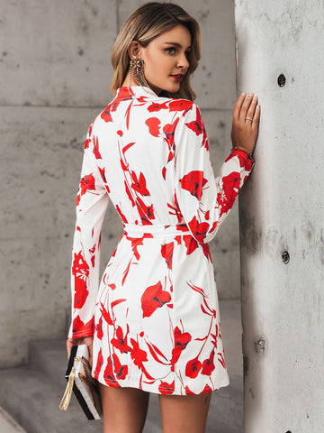 Glamaker Floral Print Buckle Belted Blazer Dress