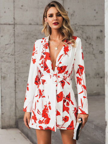 Glamaker Floral Print Buckle Belted Blazer Dress