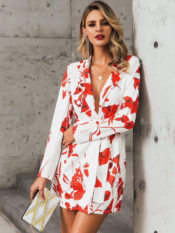 Glamaker Floral Print Buckle Belted Blazer Dress