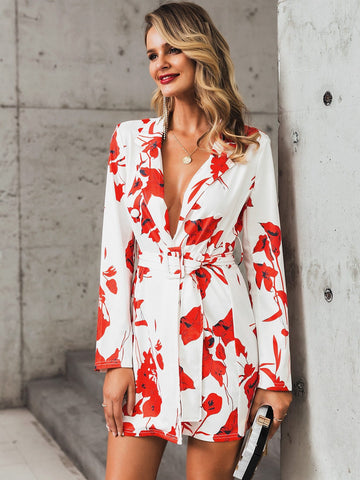 Glamaker Floral Print Buckle Belted Blazer Dress