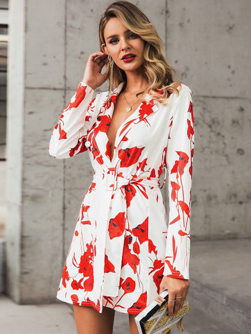 Glamaker Floral Print Buckle Belted Blazer Dress