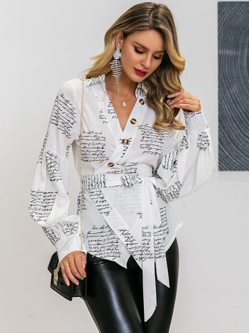 Glamaker Letter Print Belted Knot Wrap Blouse