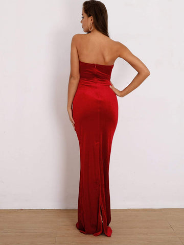 Joyfunear Tube Split Hem Bodycon Velvet Prom Dress