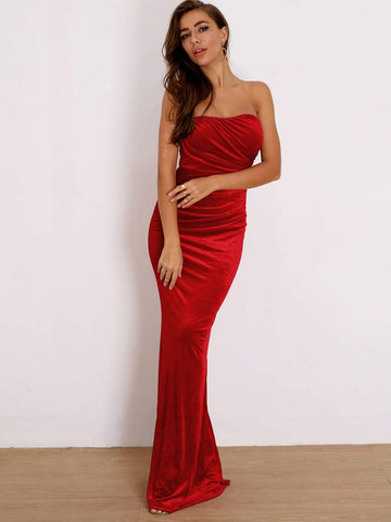 Joyfunear Tube Split Hem Bodycon Velvet Prom Dress