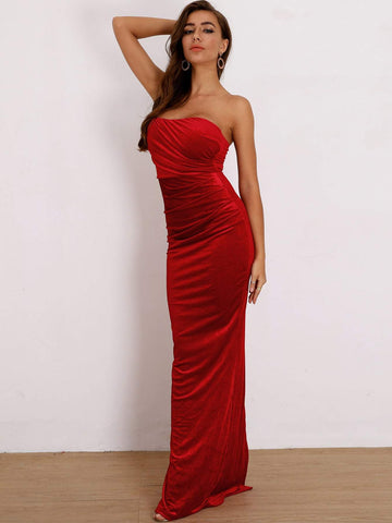 Joyfunear Tube Split Hem Bodycon Velvet Prom Dress