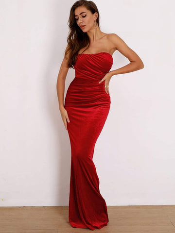 Joyfunear Tube Split Hem Bodycon Velvet Prom Dress