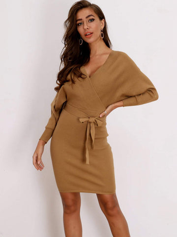 Joyfunear Batwing Sleeve Knot Bodycon Jumper Dress